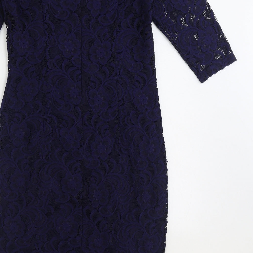 Monsoon Womens Blue Floral Nylon Bodycon Size 14 Boat Neck Zip