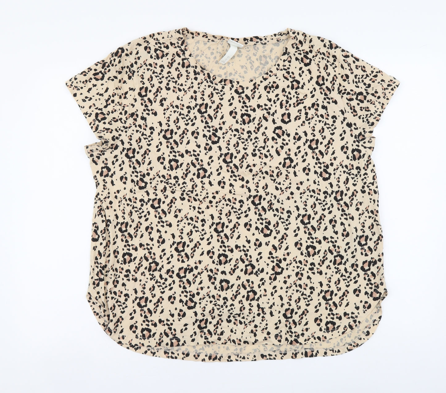 H&M Womens Beige Animal Print Cotton Basic T-Shirt Size XL Round Neck - Leopard pattern