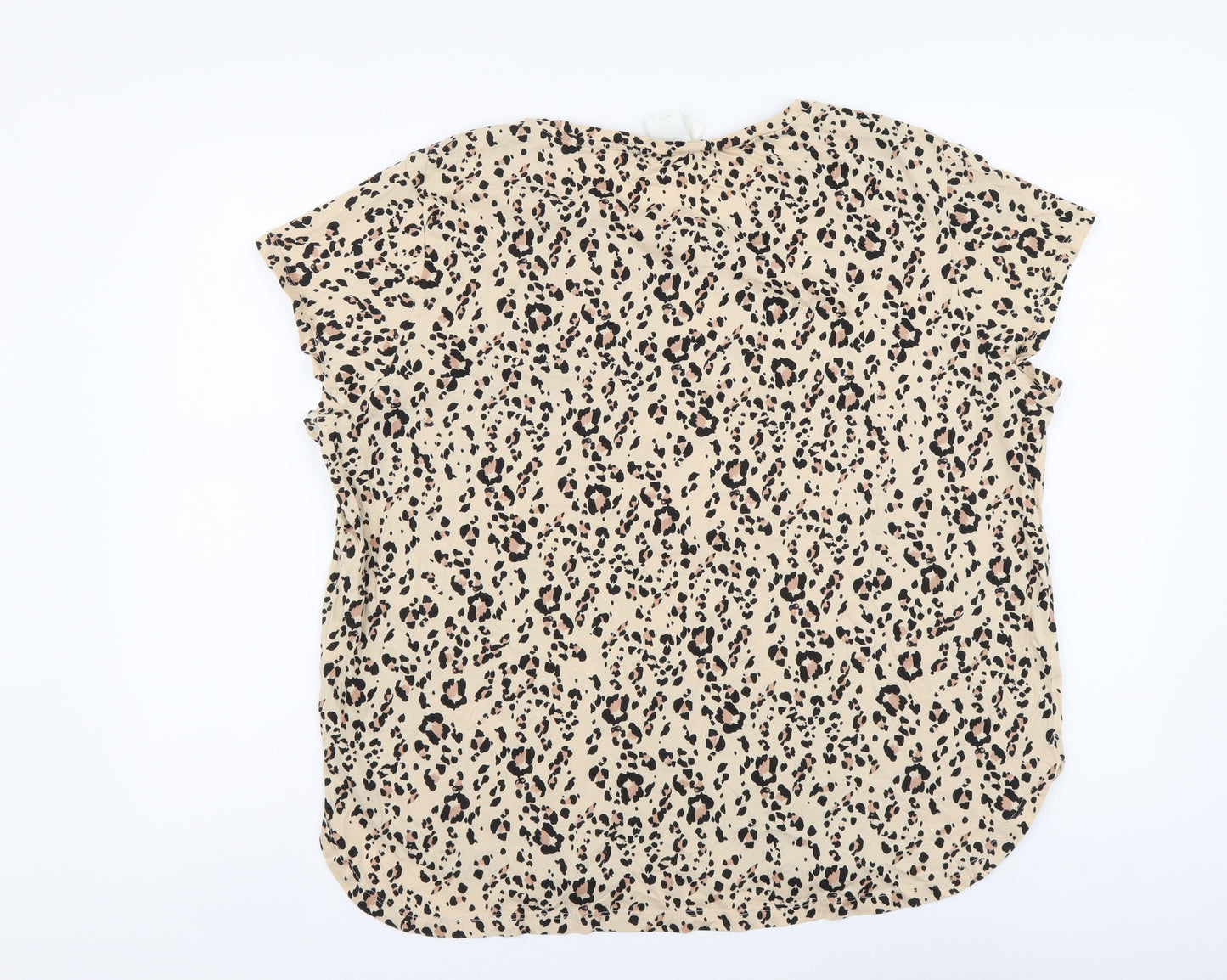 H&M Womens Beige Animal Print Cotton Basic T-Shirt Size XL Round Neck - Leopard pattern