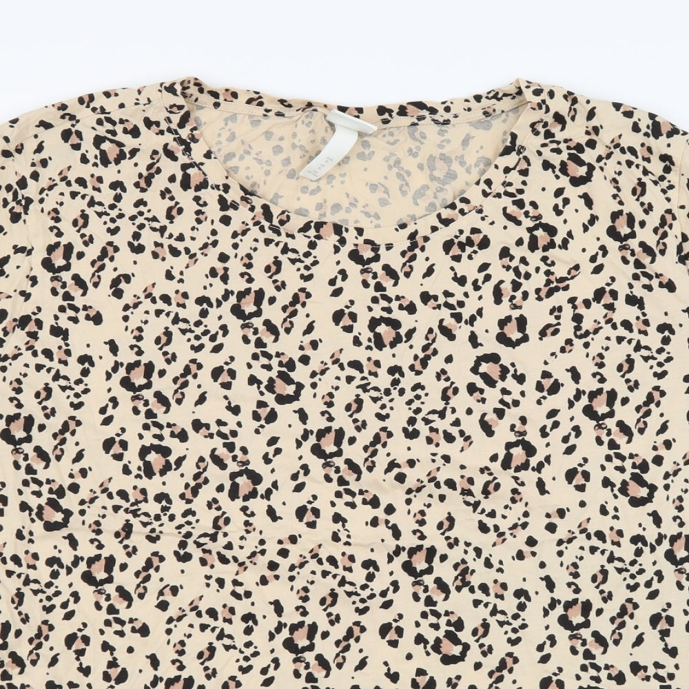 H&M Womens Beige Animal Print Cotton Basic T-Shirt Size XL Round Neck - Leopard pattern