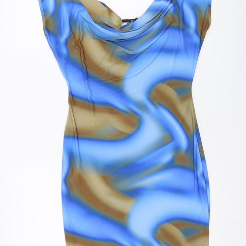PRETTYLITTLETHING Womens Blue Tie Dye Polyester Mini Size 8 V-Neck Pullover