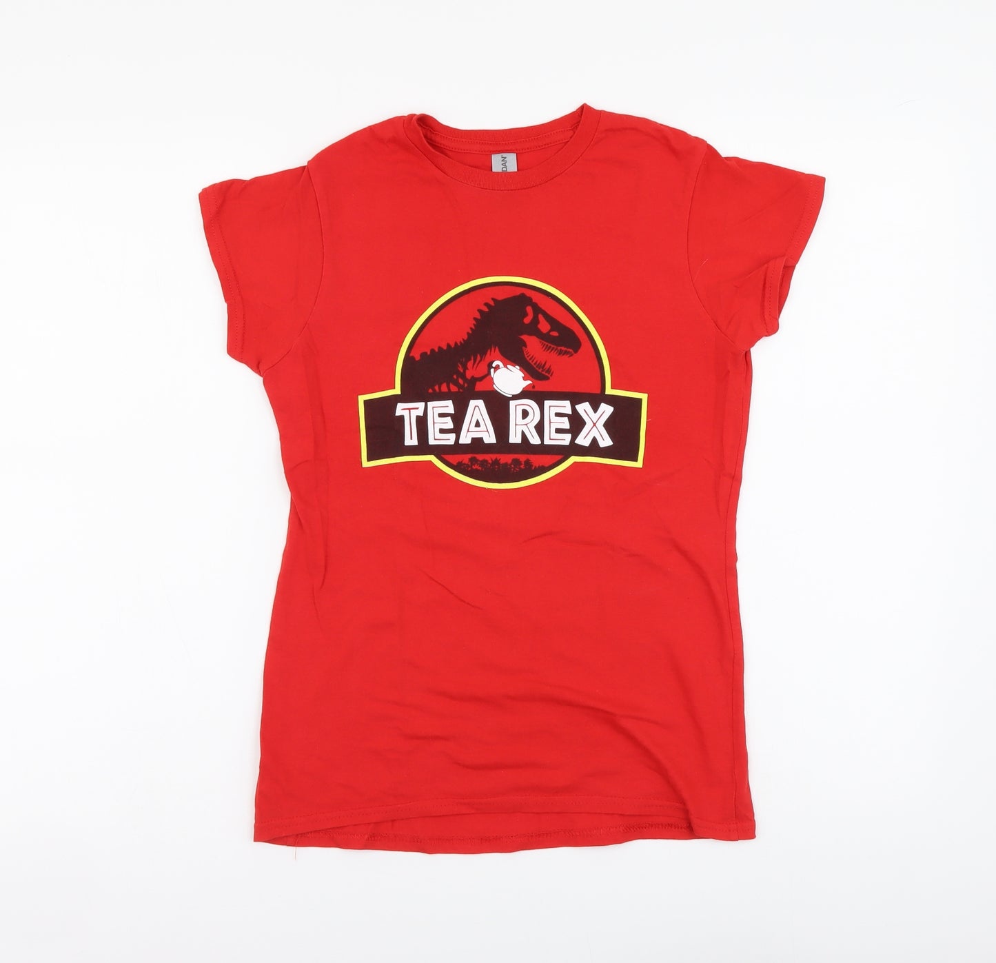 Gildan Womens Red Cotton Basic T-Shirt Size S Round Neck - Tea Rex