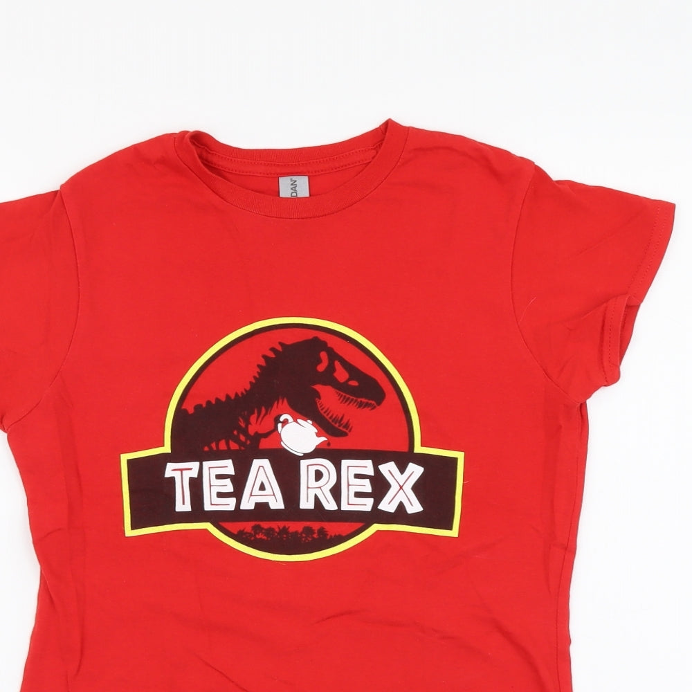 Gildan Womens Red Cotton Basic T-Shirt Size S Round Neck - Tea Rex