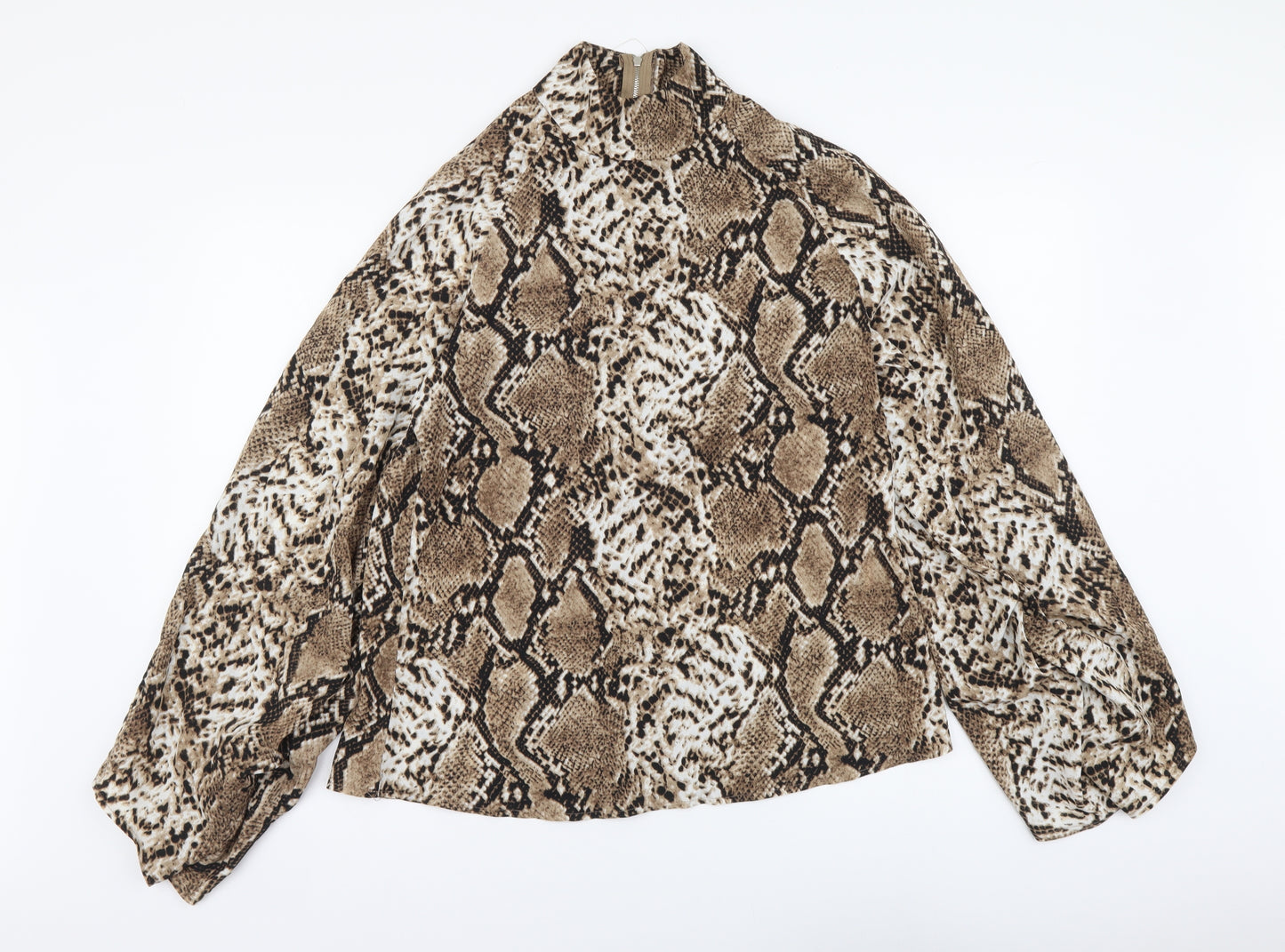 PRETTYLITTLETHING Womens Beige Animal Print Polyester Basic Blouse Size 8 High Neck - Snake pattern
