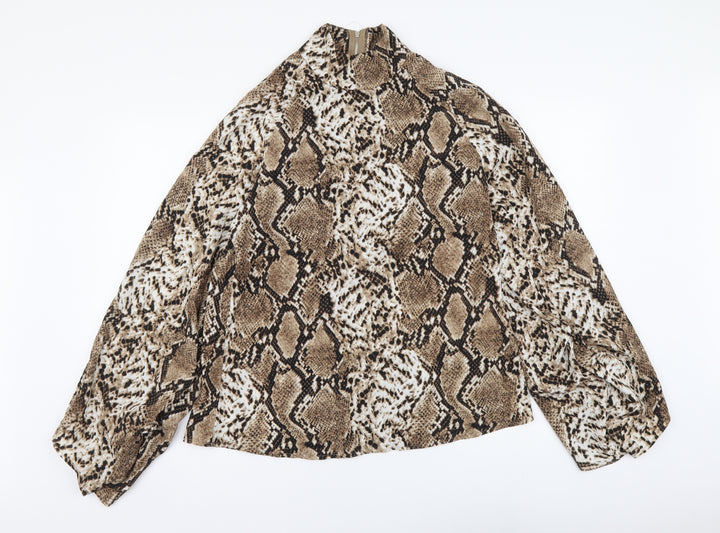 PRETTYLITTLETHING Womens Beige Animal Print Polyester Basic Blouse Size 8 High Neck - Snake pattern