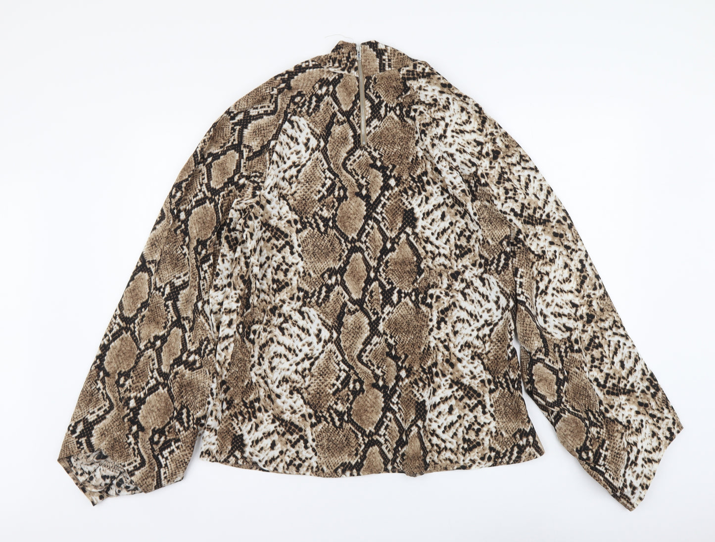 PRETTYLITTLETHING Womens Beige Animal Print Polyester Basic Blouse Size 8 High Neck - Snake pattern