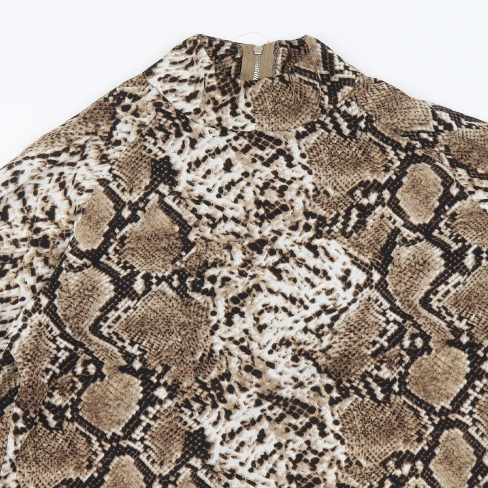 PRETTYLITTLETHING Womens Beige Animal Print Polyester Basic Blouse Size 8 High Neck - Snake pattern
