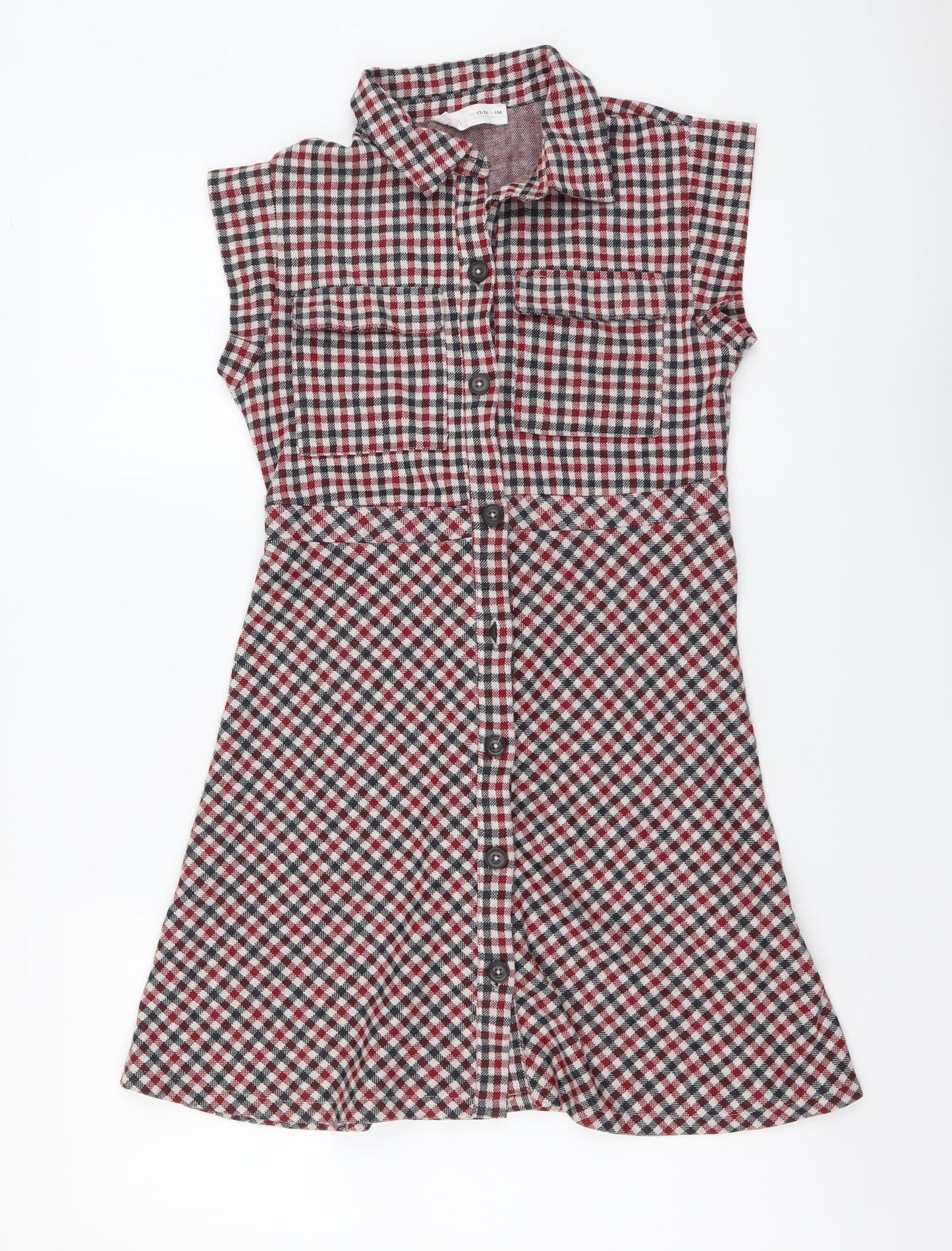 Zara Girls Red Check Polyester A-Line Size 13-14 Years Collared Button