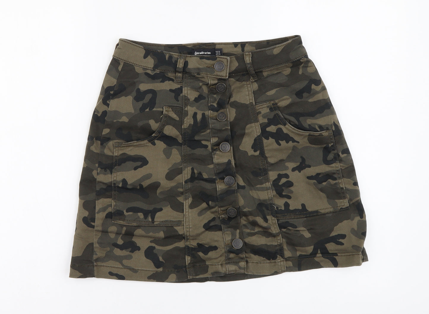 Stradivarius Womens Green Camouflage Cotton Mini Skirt Size S Button