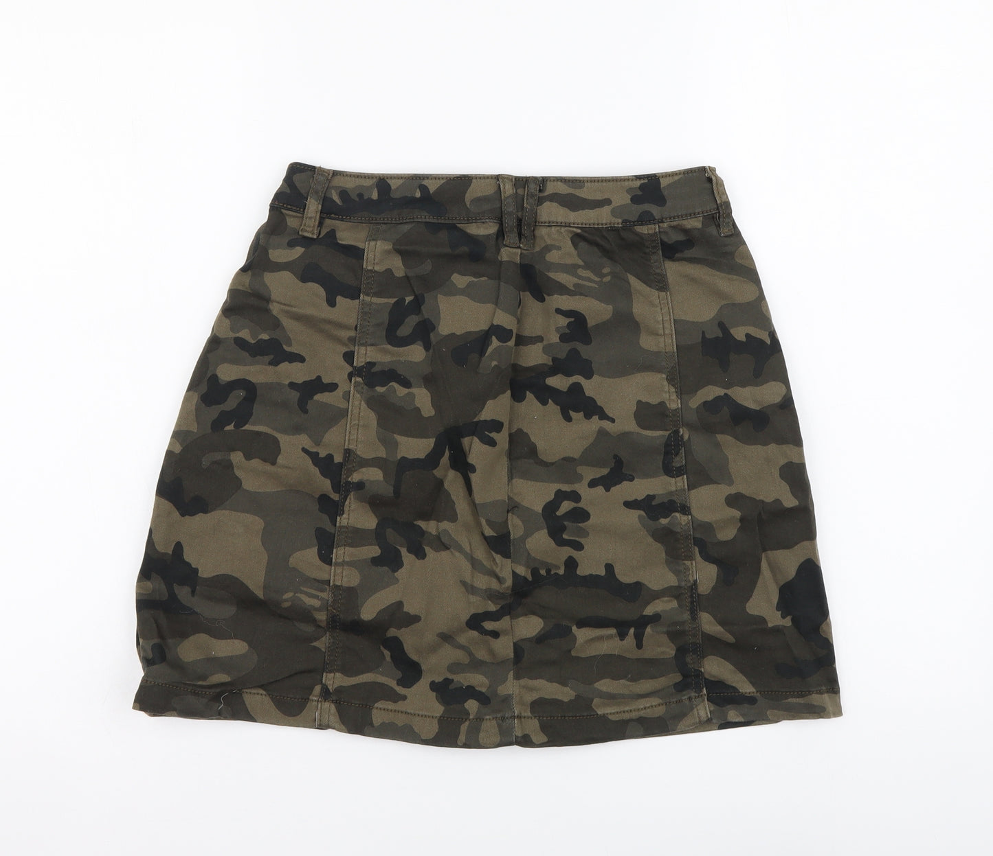 Stradivarius Womens Green Camouflage Cotton Mini Skirt Size S Button