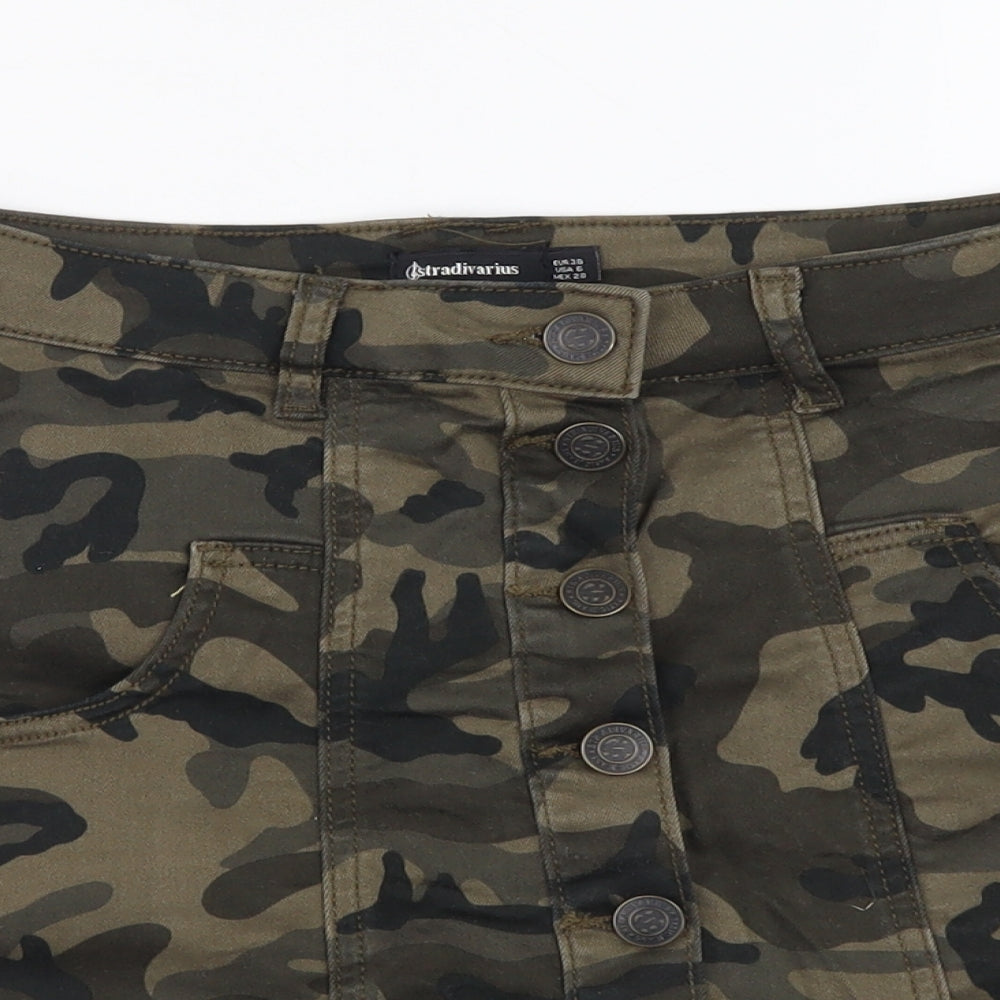 Stradivarius Womens Green Camouflage Cotton Mini Skirt Size S Button