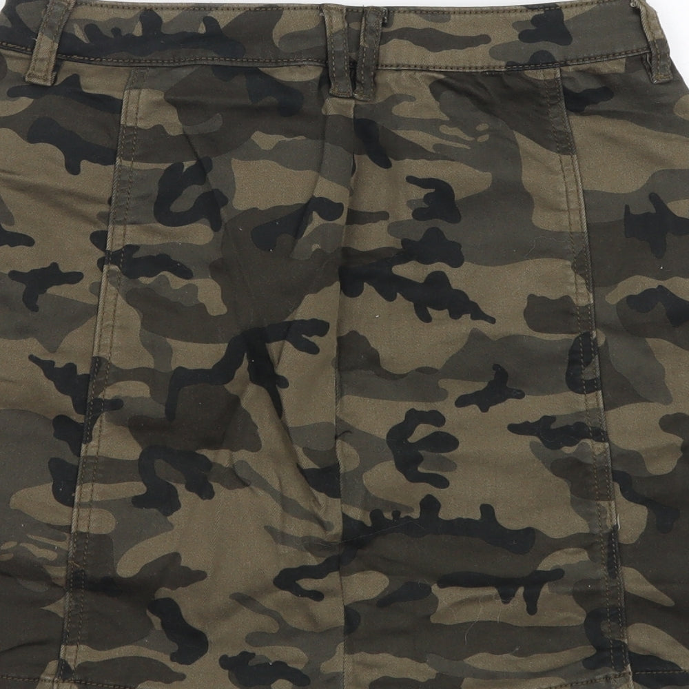 Stradivarius Womens Green Camouflage Cotton Mini Skirt Size S Button