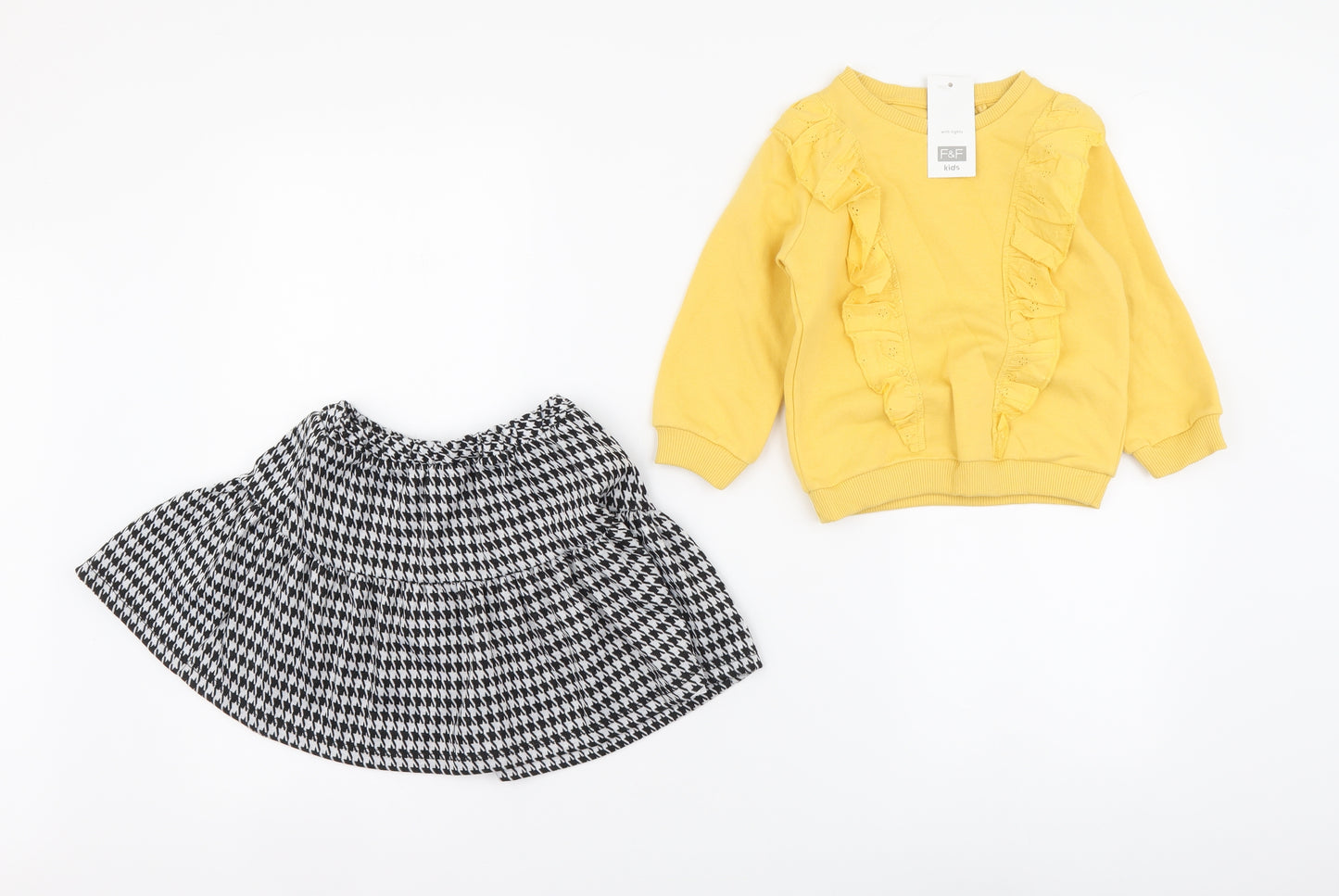 F&F Girls Yellow Herringbone Cotton Skirt Outfit/Set Size 2-3 Years Pullover