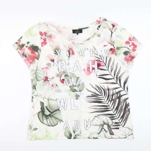 monari Womens White Floral Polyester Basic T-Shirt Size L Round Neck