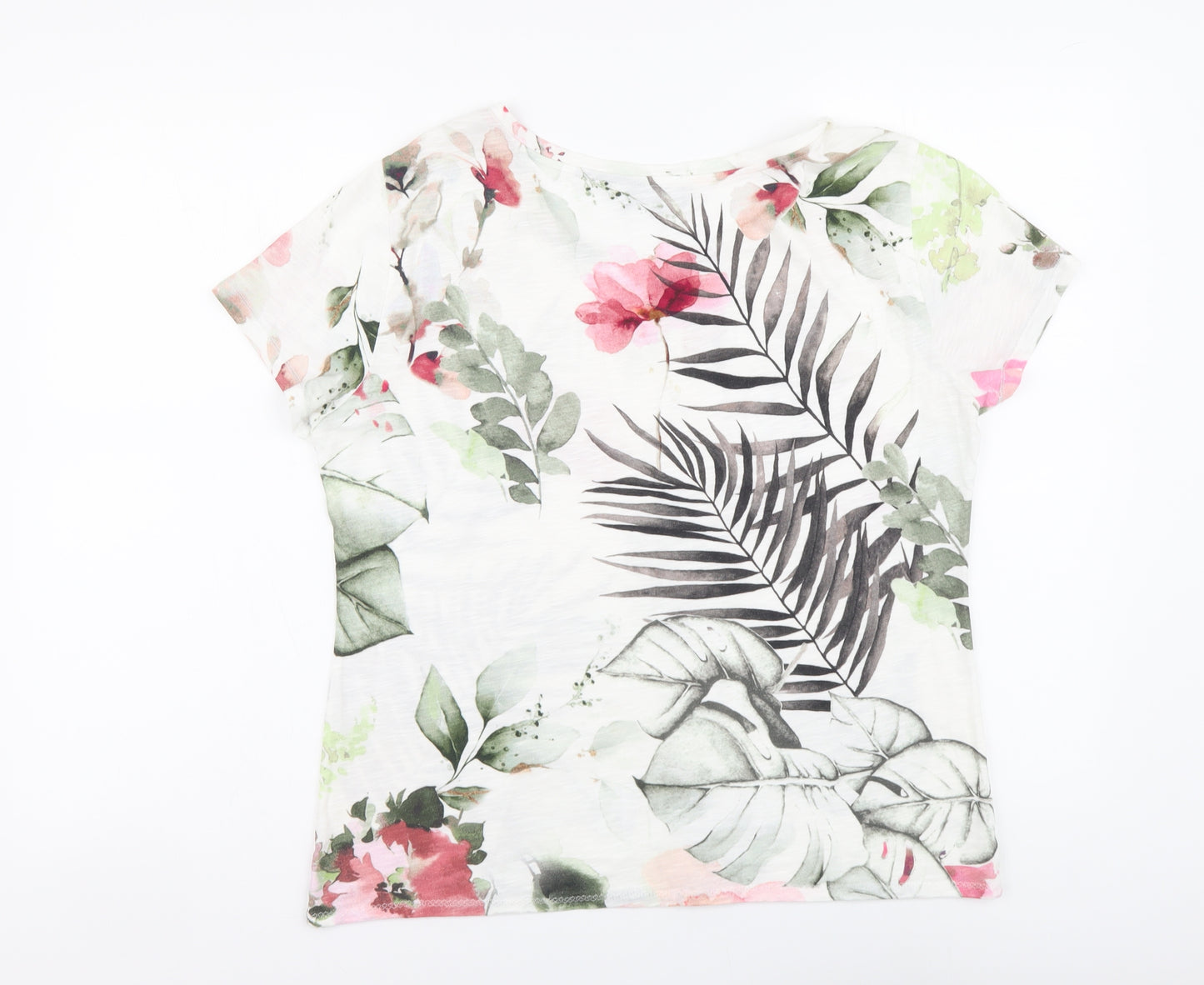monari Womens White Floral Polyester Basic T-Shirt Size L Round Neck
