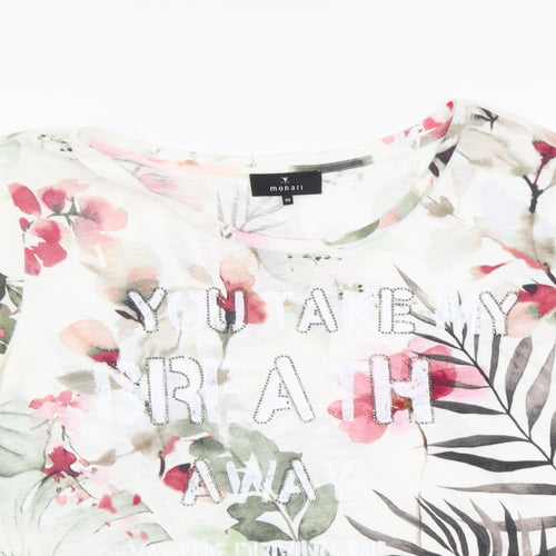 monari Womens White Floral Polyester Basic T-Shirt Size L Round Neck