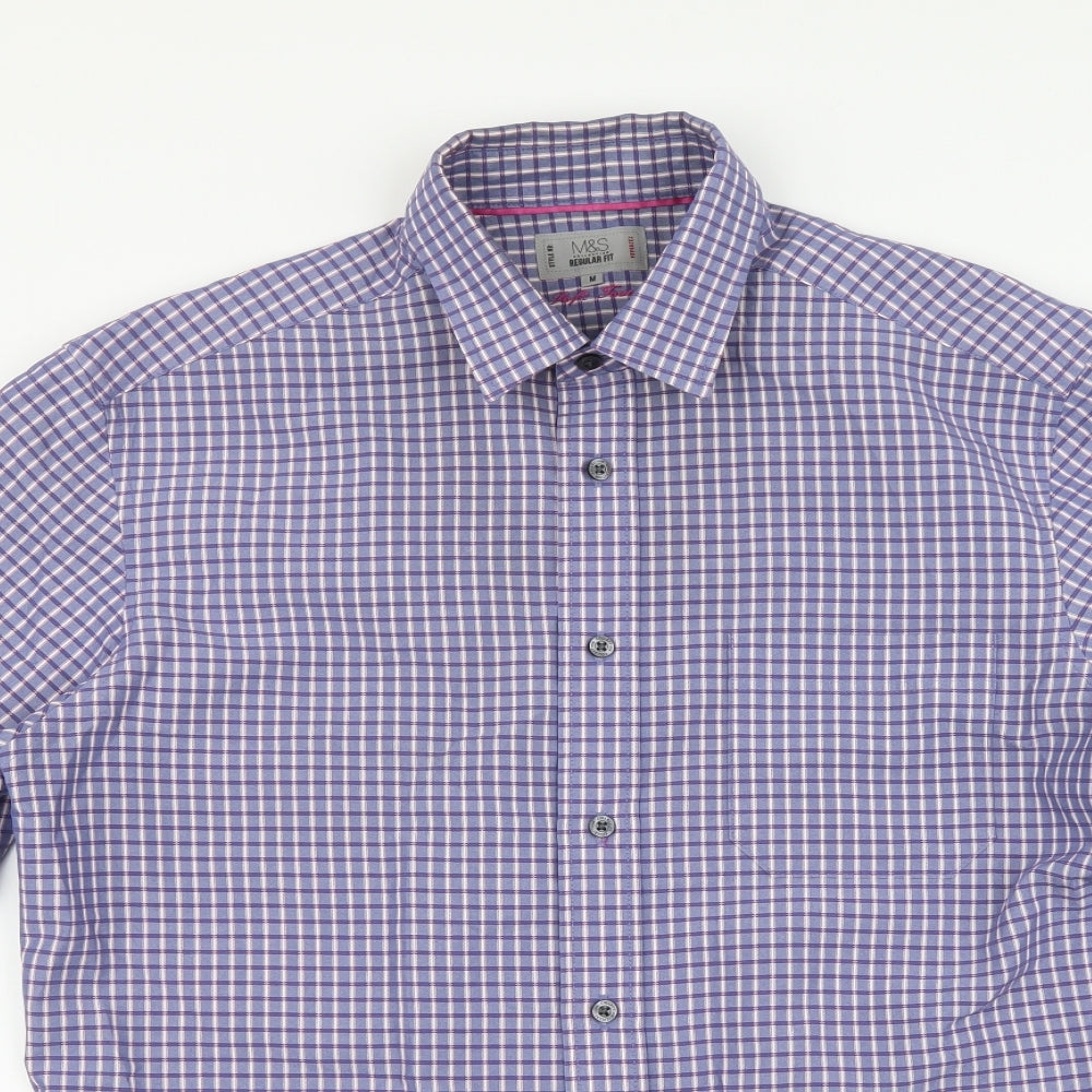 Marks and Spencer Mens Purple Check Modal Button-Up Size M Collared Button