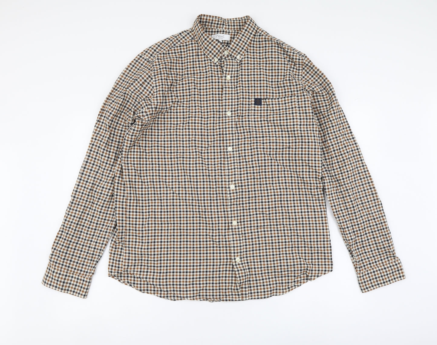 NEXT Mens Brown Check Cotton Button-Up Size XL Collared Button