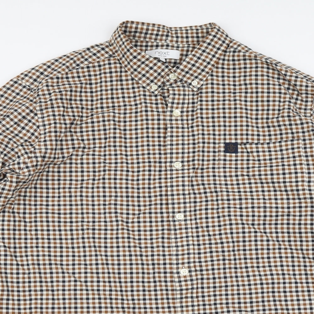 NEXT Mens Brown Check Cotton Button-Up Size XL Collared Button