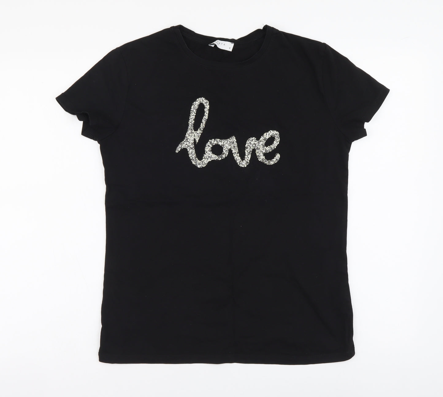 Papaya Womens Black Cotton Basic T-Shirt Size 8 Round Neck - Love