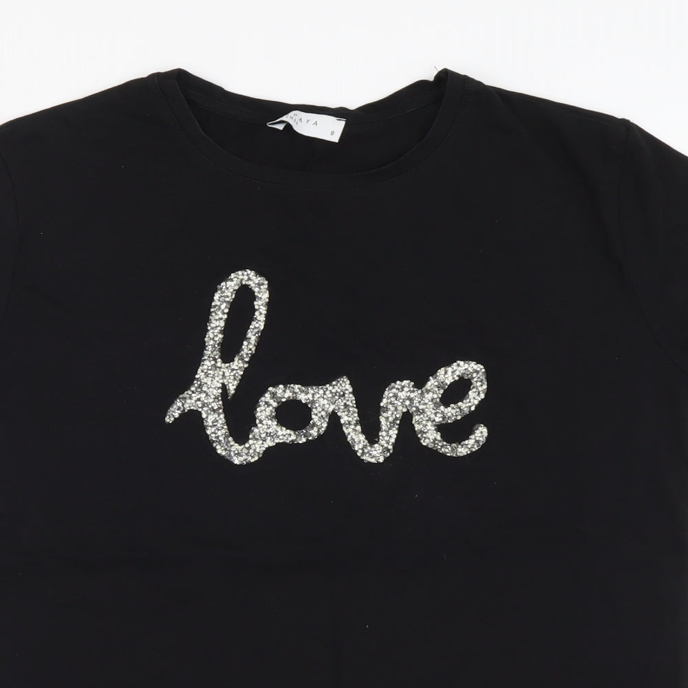 Papaya Womens Black Cotton Basic T-Shirt Size 8 Round Neck - Love