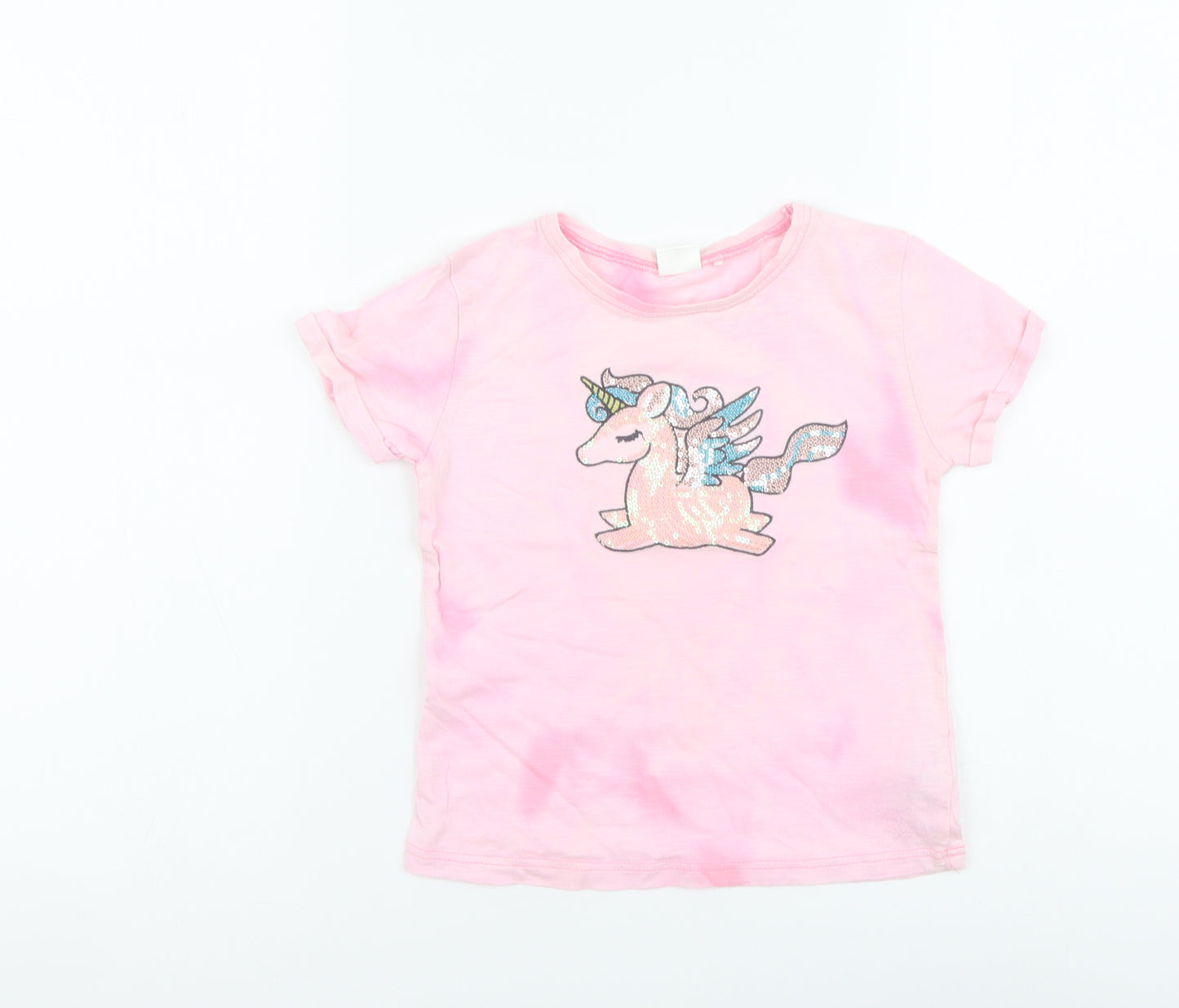 NEXT Girls Pink Cotton Basic Polo Size 4-5 Years Round Neck Pullover - Unicorn