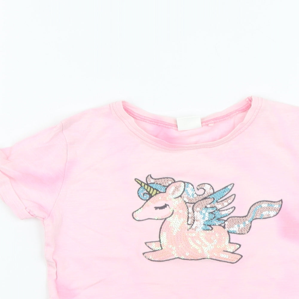 NEXT Girls Pink Cotton Basic Polo Size 4-5 Years Round Neck Pullover - Unicorn