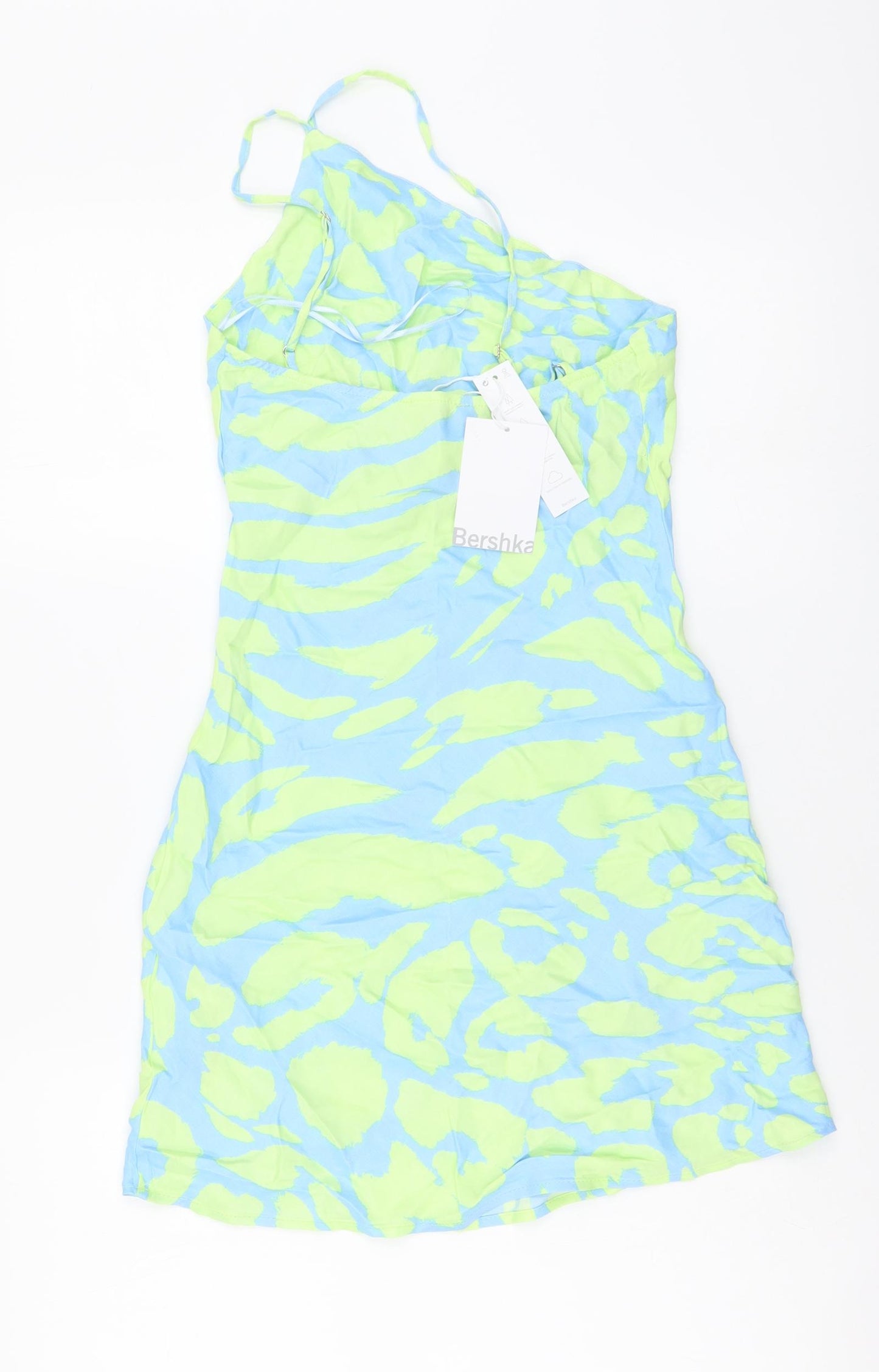 Bershka Womens Blue Animal Print Polyester Mini Size XS Off the Shoulder Pullover - Leopard pattern