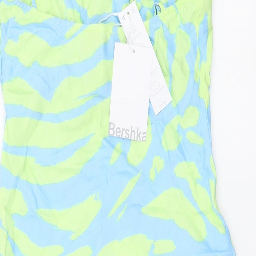 Bershka Womens Blue Animal Print Polyester Mini Size XS Off the Shoulder Pullover - Leopard pattern