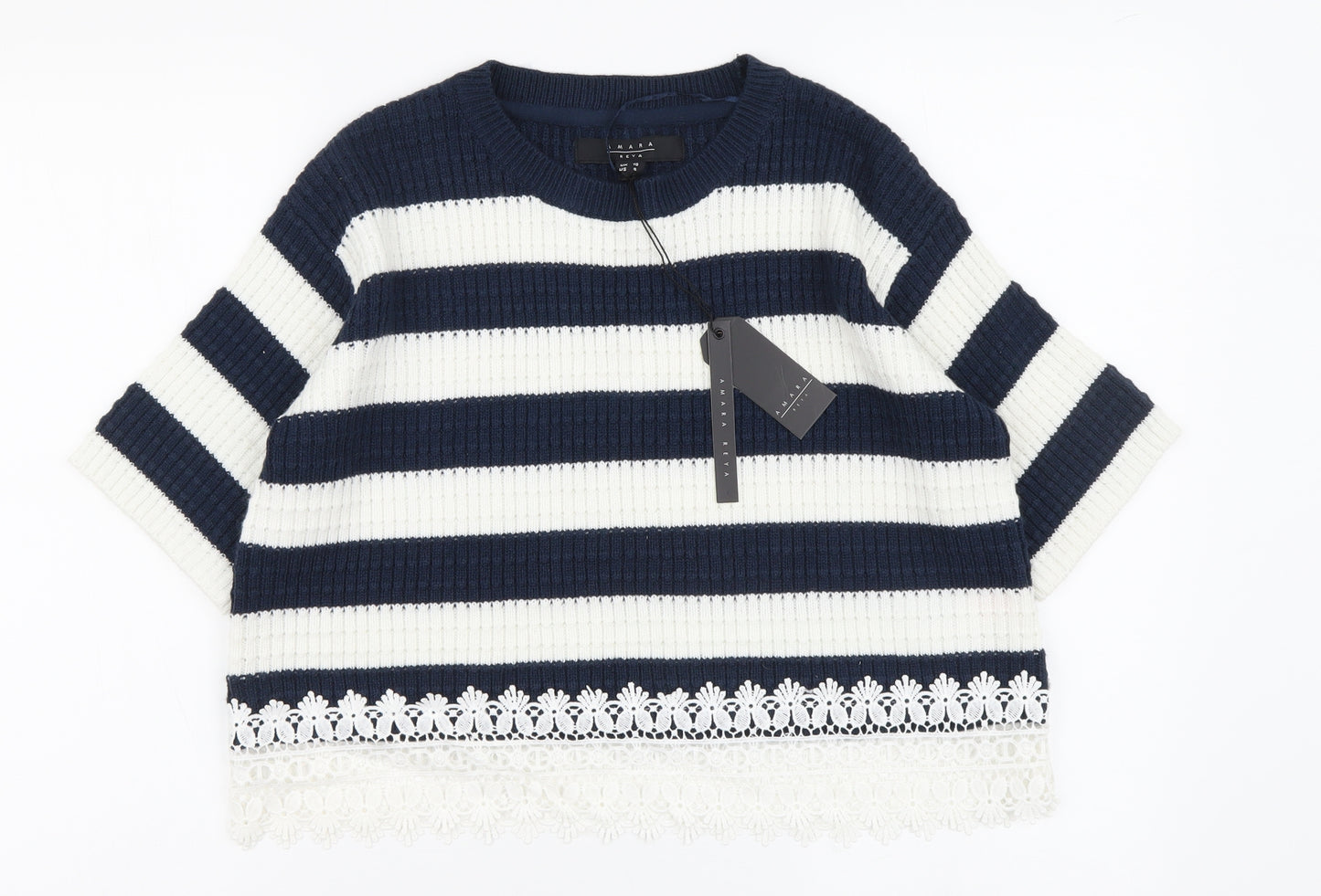 Amara Reya Womens Blue Round Neck Striped Acrylic Pullover Jumper Size 10
