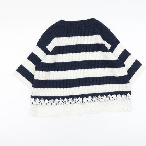 Amara Reya Womens Blue Round Neck Striped Acrylic Pullover Jumper Size 10