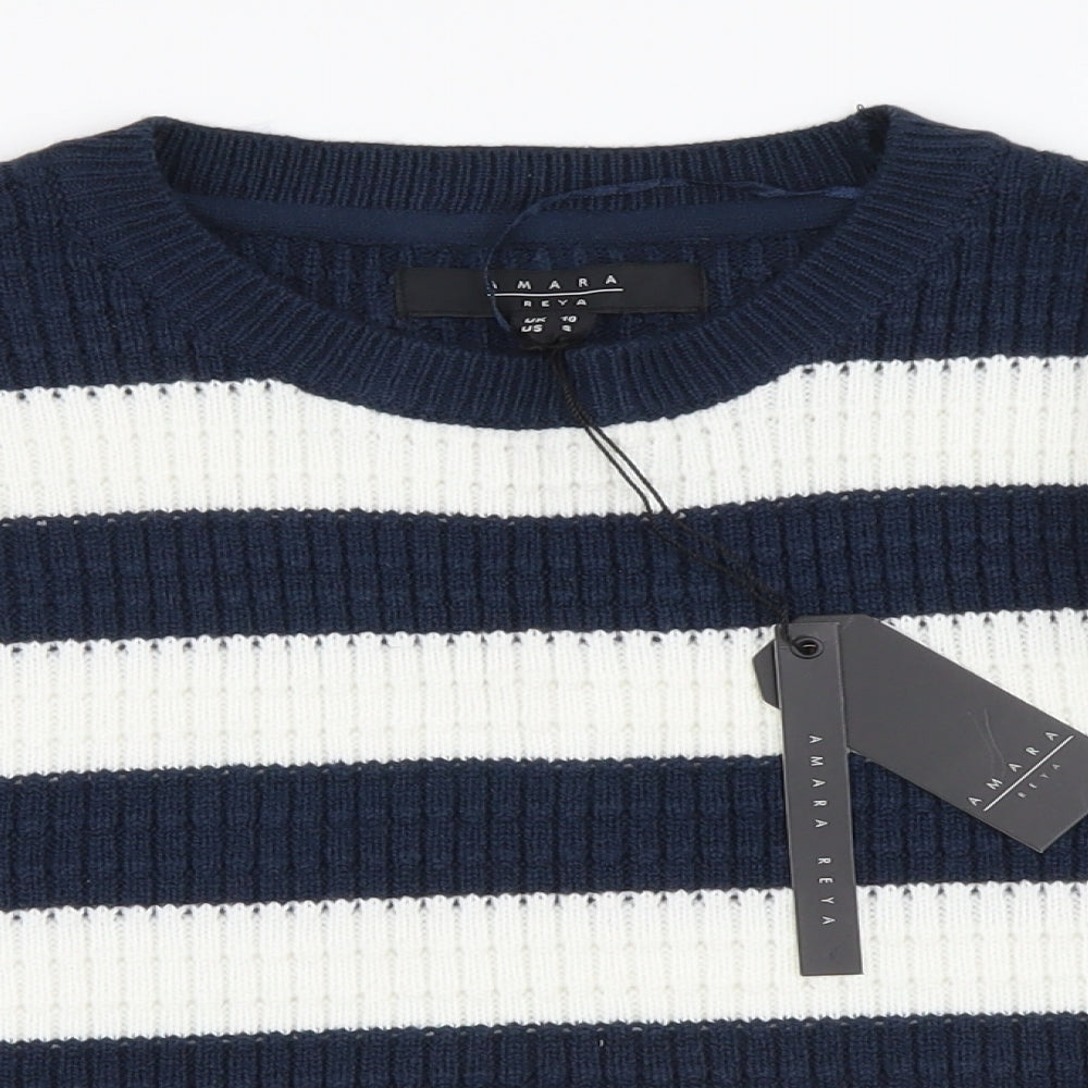 Amara Reya Womens Blue Round Neck Striped Acrylic Pullover Jumper Size 10