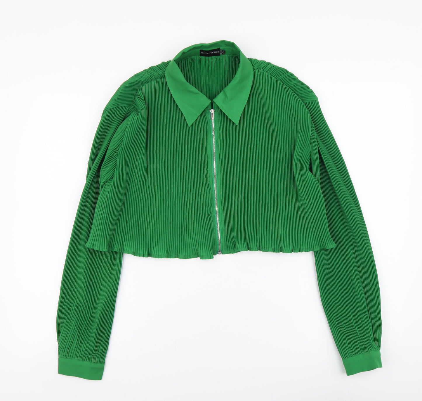 PRETTYLITTLETHING Womens Green Polyester Cropped Blouse Size 8 Collared