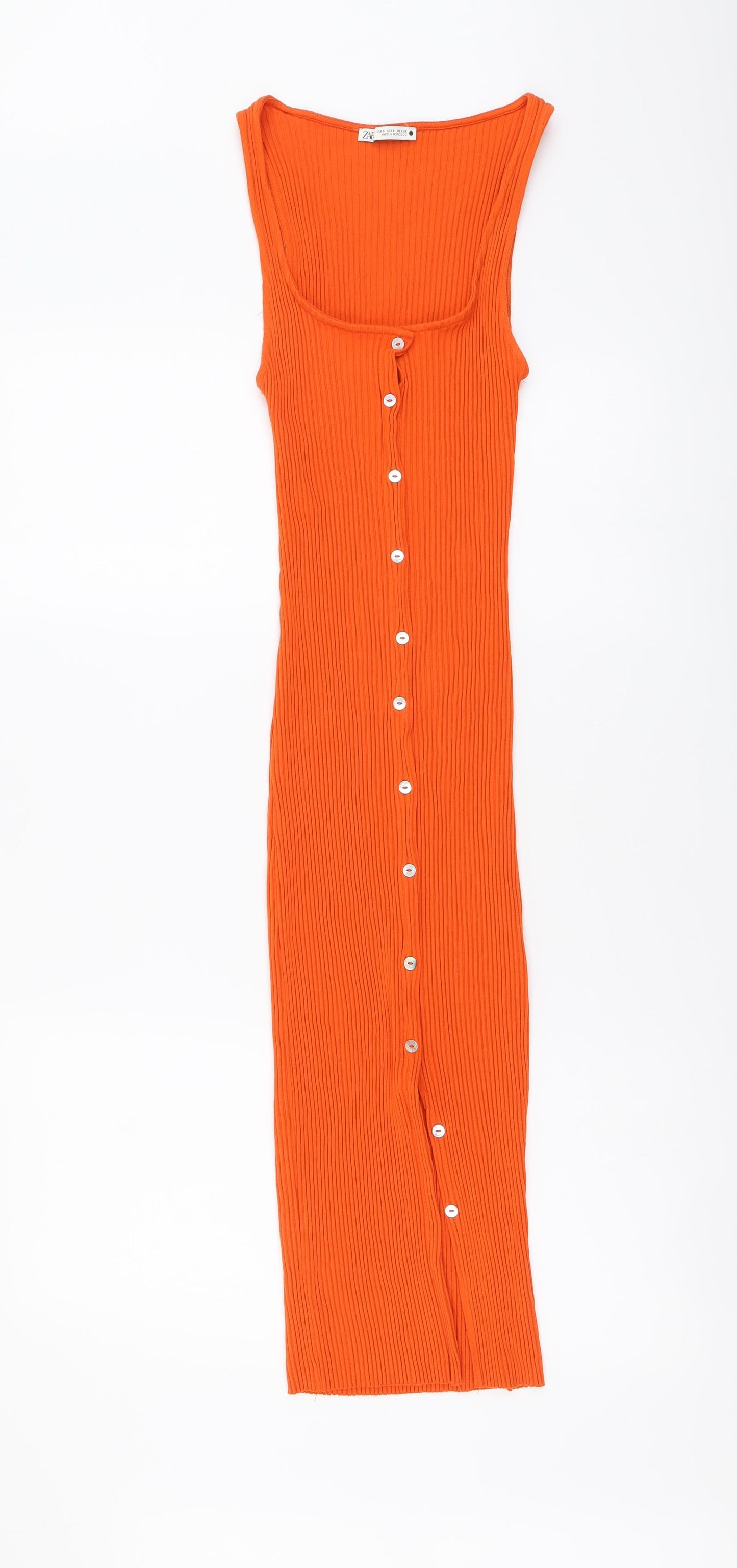 Zara Womens Orange Polyester Bodycon Size S Scoop Neck Button