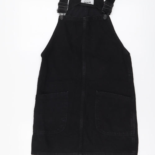 New Look Womens Black Cotton Pinafore/Dungaree Dress Size 6 Square Neck Pullover