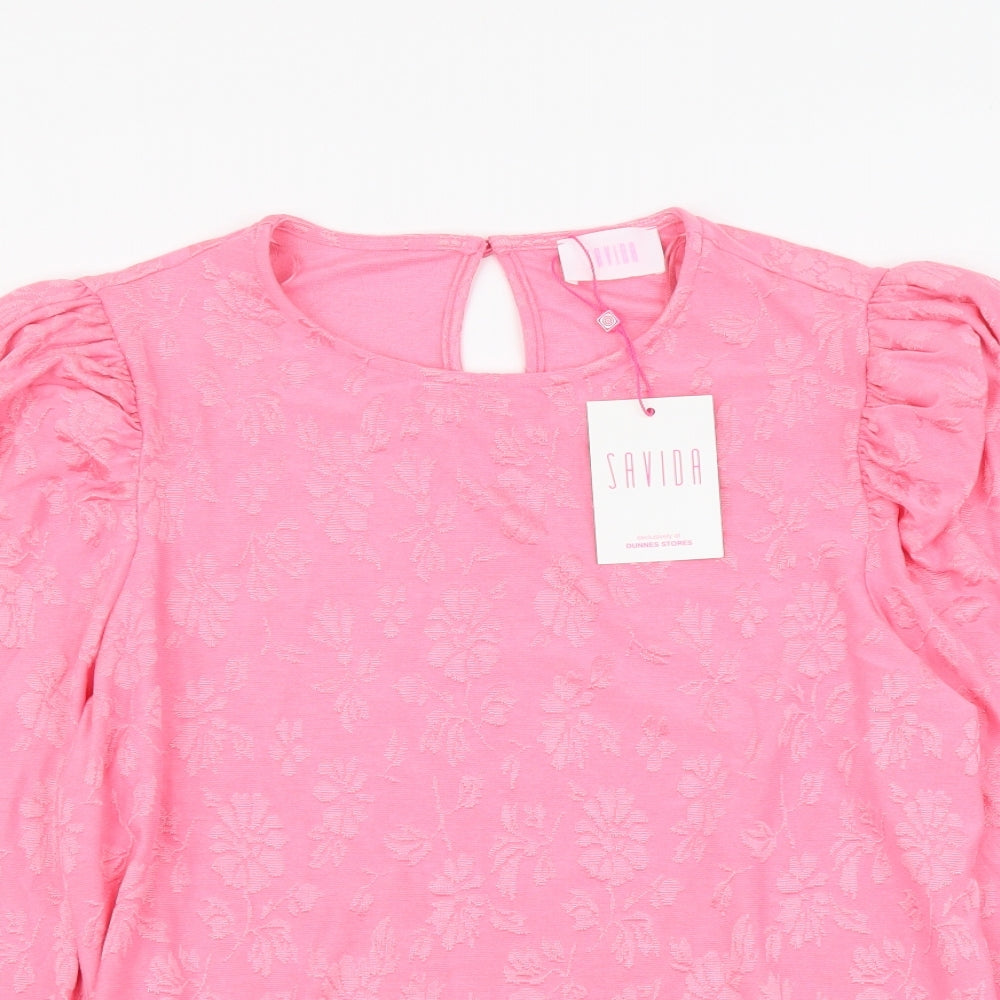 Savida Womens Pink Floral Viscose Basic Blouse Size XL Round Neck