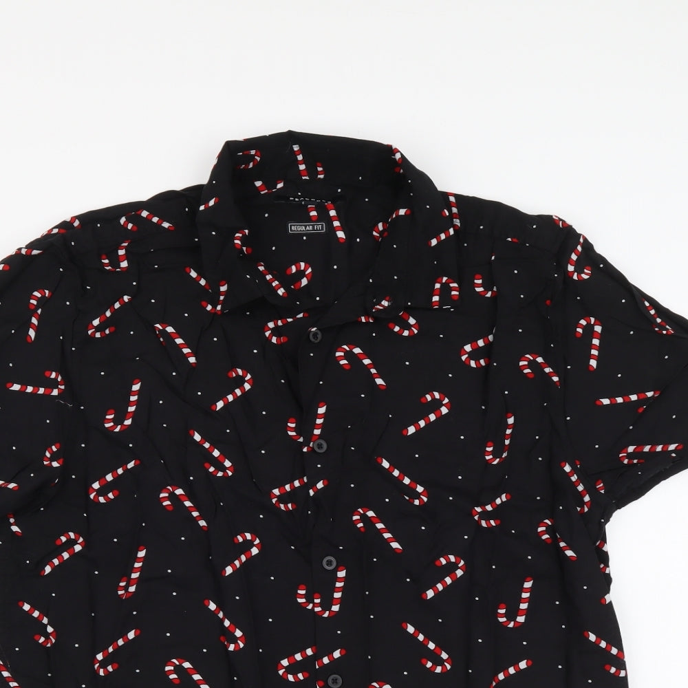 Peacocks Womens Black Geometric Viscose Basic Button-Up Size L Collared - Christmas