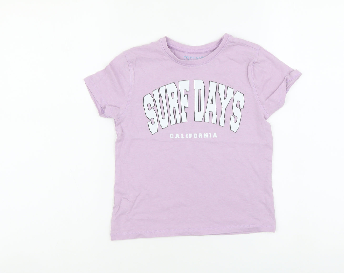 Primark Girls Purple Cotton Basic T-Shirt Size 4-5 Years Round Neck Pullover - California