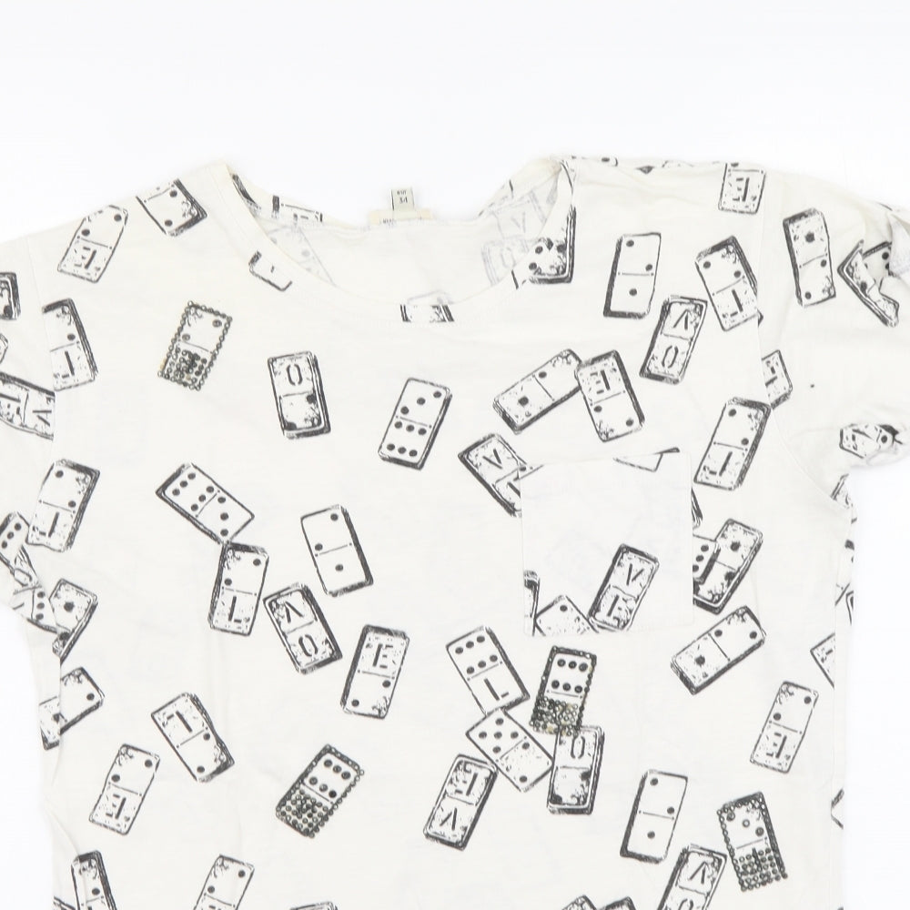 River Island Womens White Geometric Cotton Basic T-Shirt Size 8 Round Neck