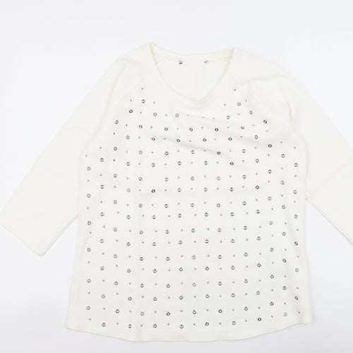 Preworn Womens Ivory Polka Dot Cotton Basic T-Shirt Size 12 Round Neck
