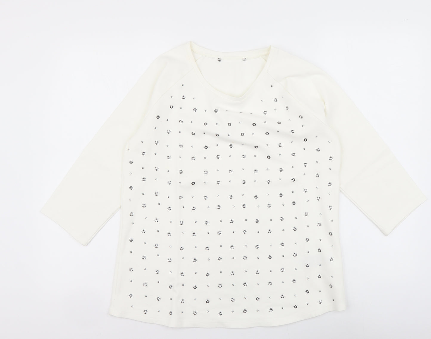Preworn Womens Ivory Polka Dot Cotton Basic T-Shirt Size 12 Round Neck