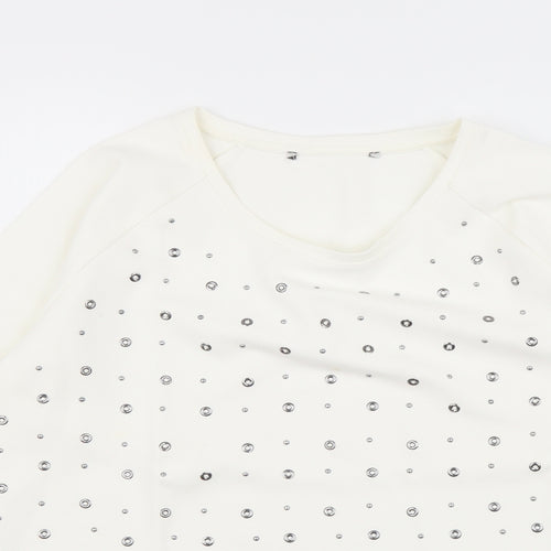 Preworn Womens Ivory Polka Dot Cotton Basic T-Shirt Size 12 Round Neck