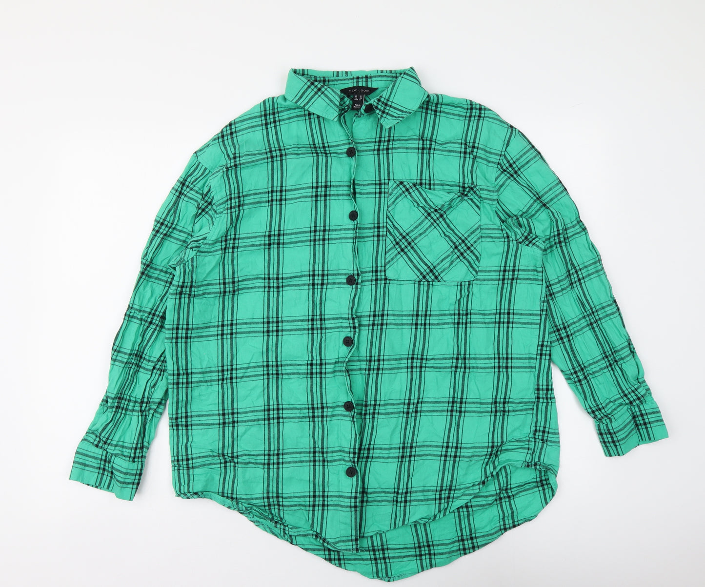 New Look Womens Green Plaid Cotton Basic Button-Up Size 12 Collared