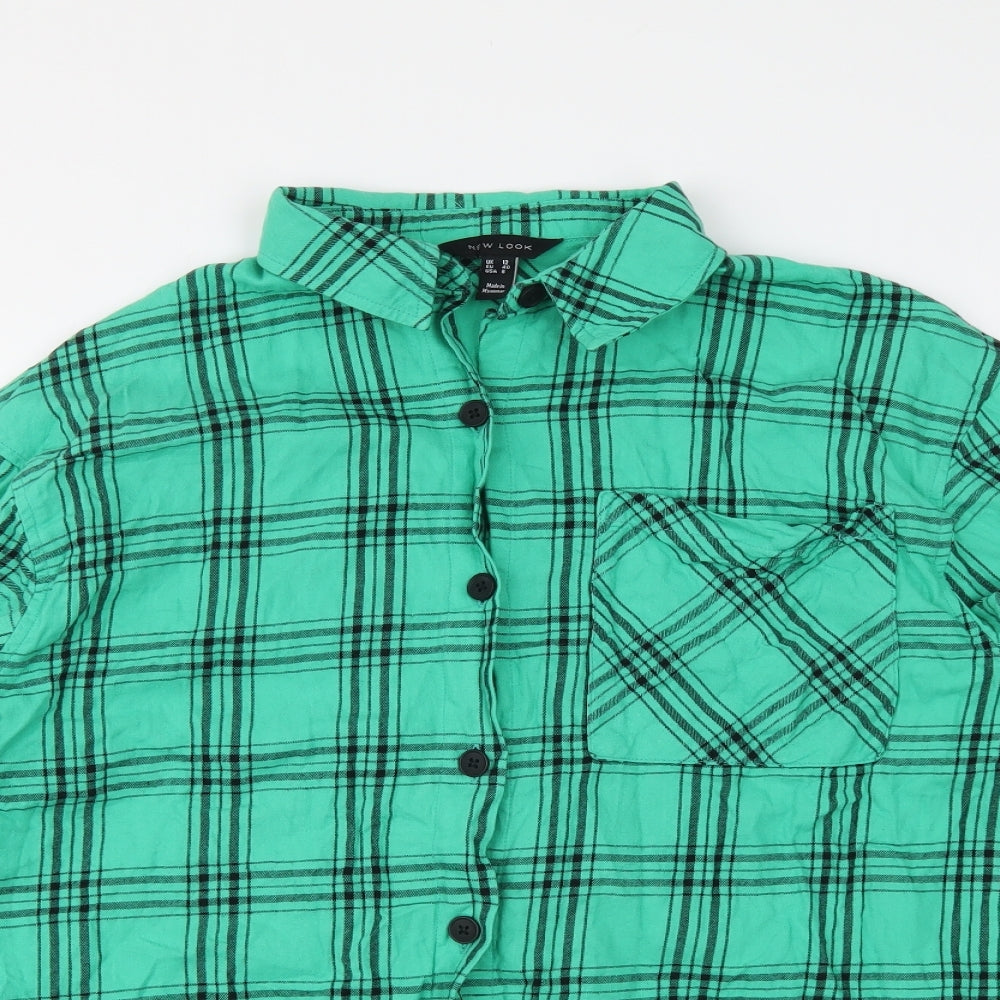 New Look Womens Green Plaid Cotton Basic Button-Up Size 12 Collared