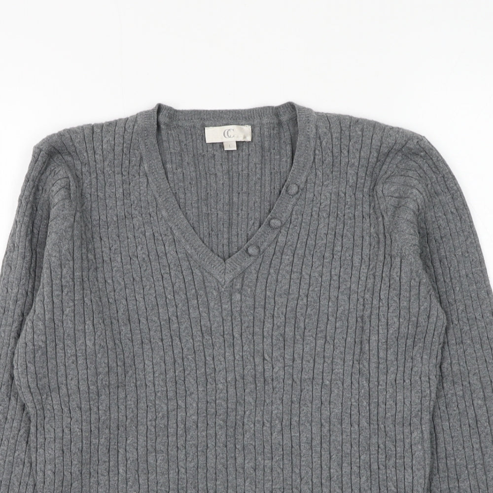 CC Womens Grey V-Neck Cotton Pullover Jumper Size L