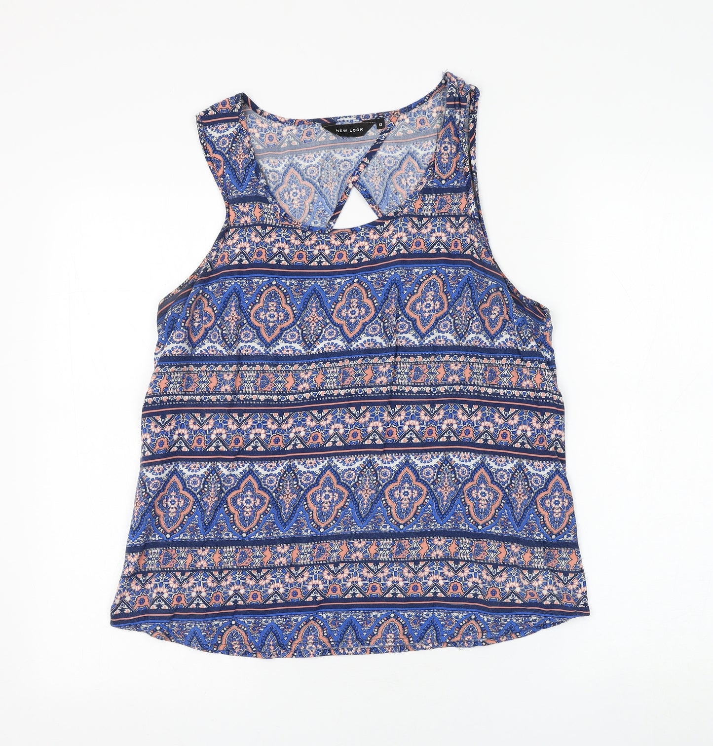 New Look Womens Blue Geometric Viscose Basic Blouse Size 12 Round Neck - Open Back