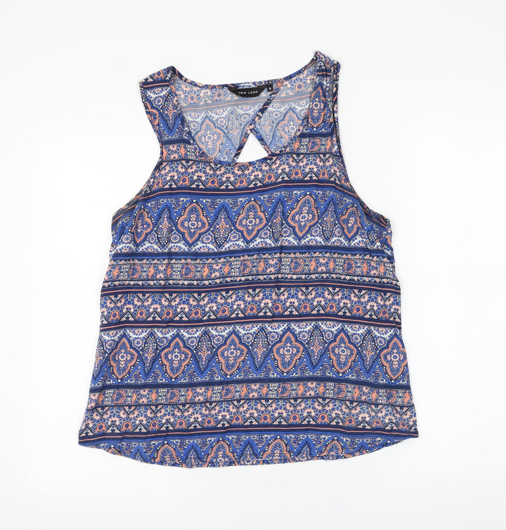New Look Womens Blue Geometric Viscose Basic Blouse Size 12 Round Neck - Open Back