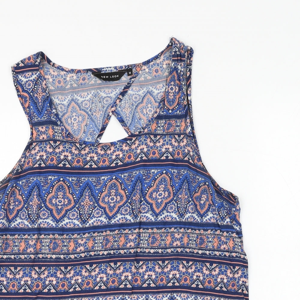 New Look Womens Blue Geometric Viscose Basic Blouse Size 12 Round Neck - Open Back