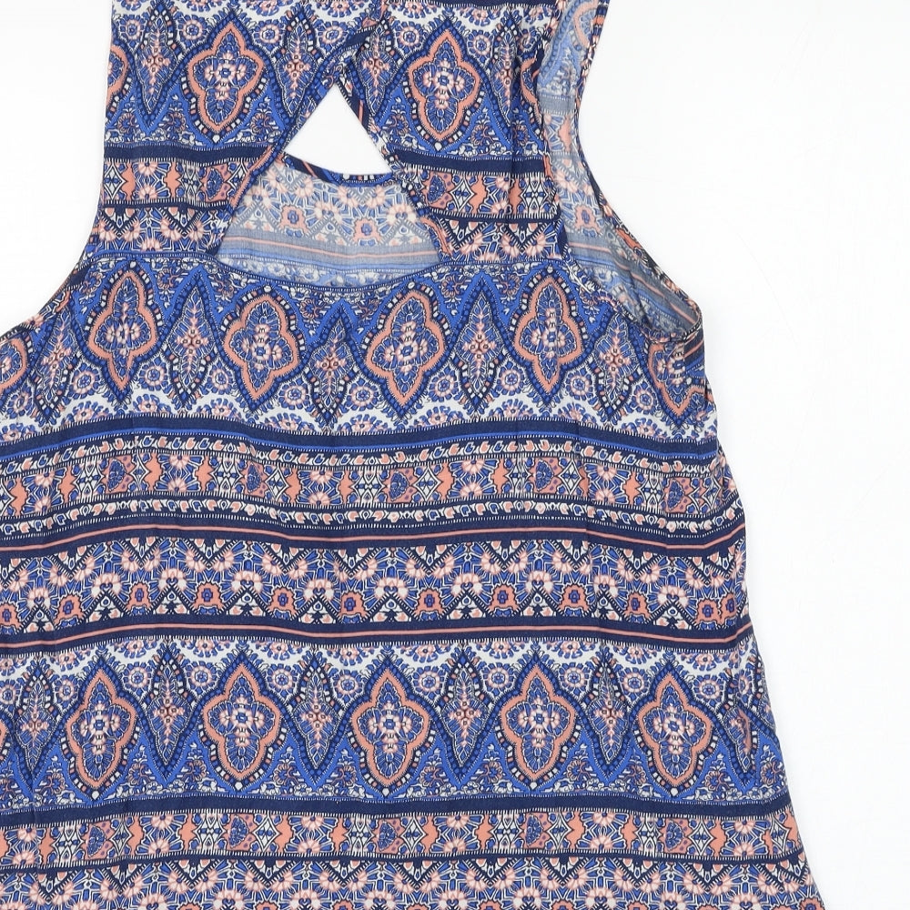 New Look Womens Blue Geometric Viscose Basic Blouse Size 12 Round Neck - Open Back