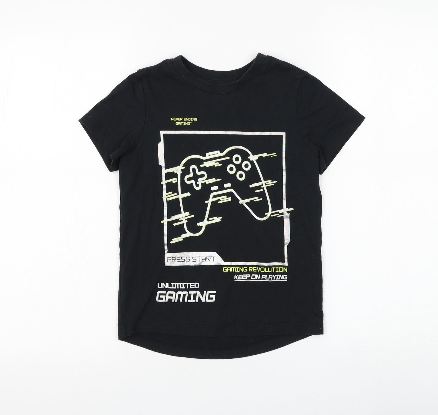 Nutmeg Boys Black Cotton Basic T-Shirt Size 7-8 Years Round Neck Pullover - Gaming